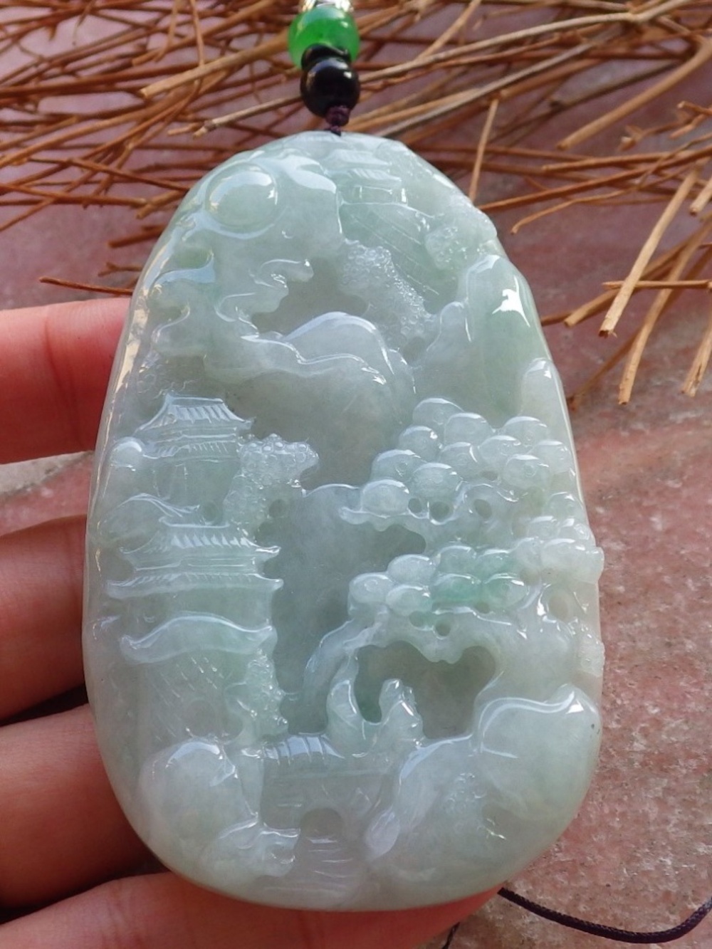 Certified Natural Burma A Jade jadeite Landscape Tree Painting Pendant Necklace